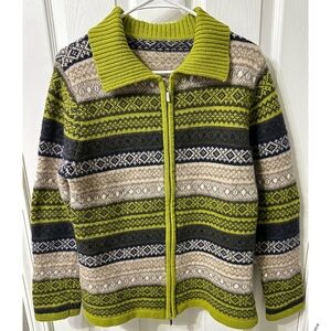 Vintage Wool Sweater Womens Striped Fair Isle Full Zip Cardigan Retro Green M